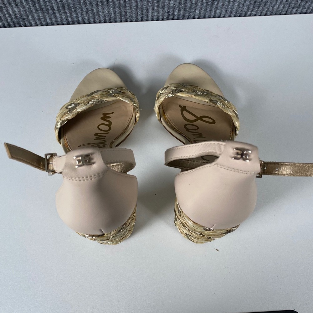 Sam Edelman Yaro Block Heel Sandals‎ Beige Gold Braided Straw Leather 7 SU - Picture 2 of 5